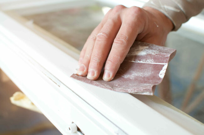 Sanding aluminium windows to prep for painting.