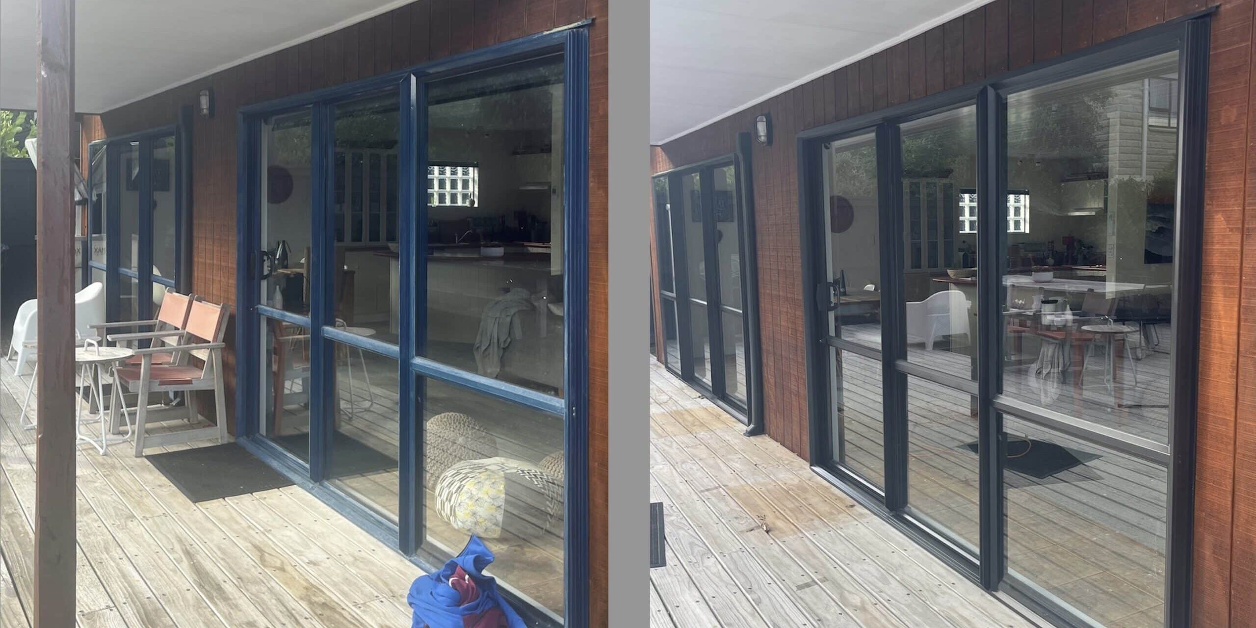 Aluminium joinery before and after being repainted.