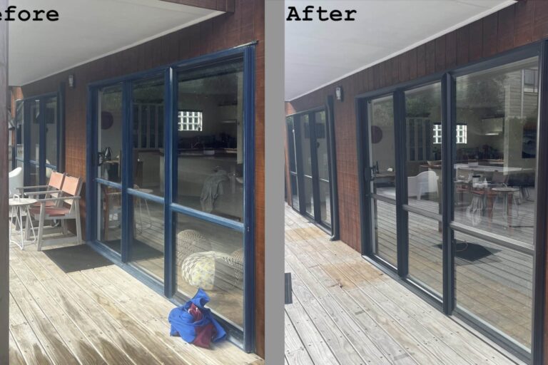 Aluminium joinery before and after being repainted.